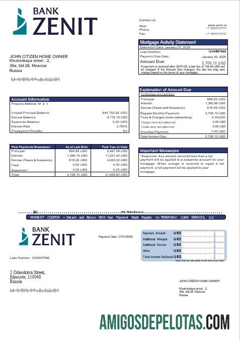 Extrato de hipoteca do Banco Zenit da Rússia em formatos Word e PDF exemplo